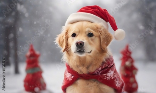 golden retriever dog in snow Christmas red Santa Claus hat in snow falling sky scene. Winter Forest Landscape. Christmas Holidays created with generative ai