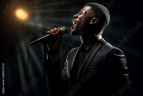 black male singer singing with microphone in front of dark background bokeh style background