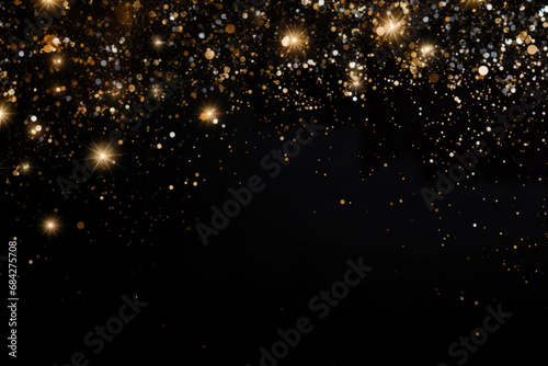 Beautiful black Christmas background with shining, golden glitter and empty space. Particles, confetti. Copy space for your text. Merry Xmas, Happy New Year. Festive backdrop.