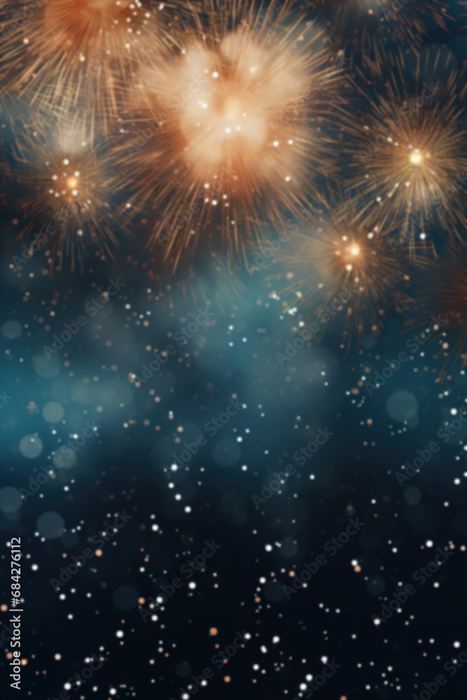 Fototapeta premium Dark blue New Year background with fireworks and empty space. Copy space for your text. Merry Xmas, Happy New Year. Festive vertical backdrop.