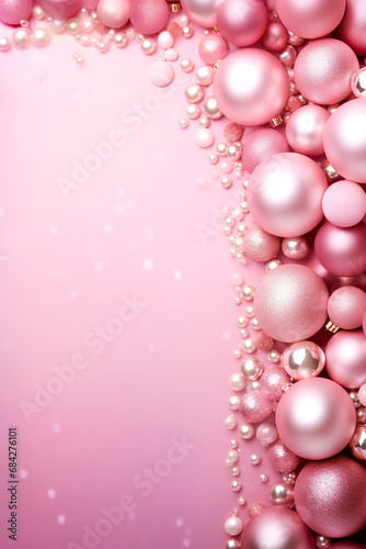 Beautiful pink Christmas background with shining decoration and empty space. Copy space for your text. Merry Xmas, Happy New Year. Festive vertical backdrop.