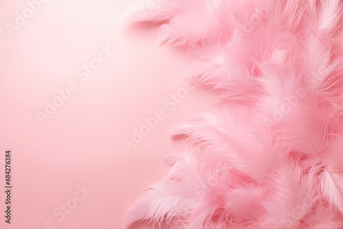 Fluffy pink feathers create a soft background with a delicate pastel gradient. Empty  copy space. Dreamy backdrop for social media content  bridal or fashion design presentations.