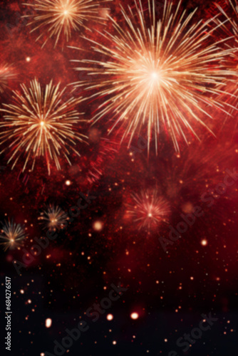 Dark red New Year background with fireworks and empty space. Copy space for your text. Merry Xmas, Happy New Year. Festive vertical backdrop.