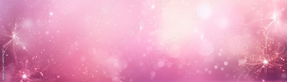 Abstract pink Christmas background with empty space. Glitter, bokeh lights, fireworks. Copy space for your text. Merry Xmas, Happy New Year. Festive backdrop.
