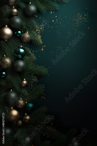 Beautiful dark Christmas background with green and golden, shining decoration and empty space. Copy space for your text. Merry Xmas, Happy New Year. Festive backdrop.
