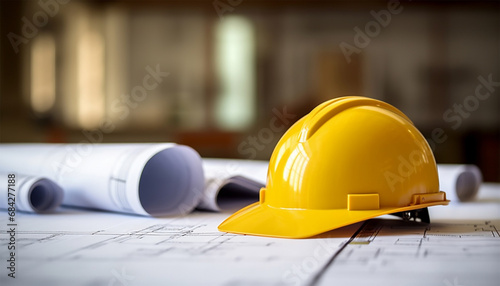 Business desk of engineer contractor with equipment, blueprint, Yellow safety helm and object. Copy space. Architect construction site.