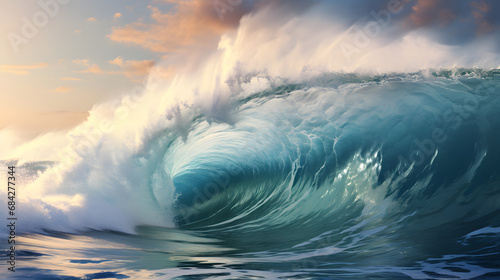 A big wave in the ocean. Tsunami. Water blue background. Sea wave for surfing. View from inside.