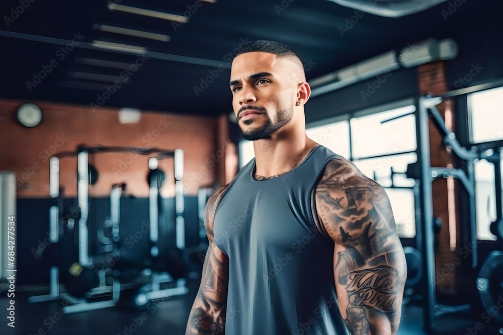 portrait of muscular man with tattoo smiling portrait of muscular man with tattoo smiling