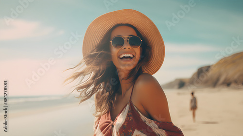 Beautiful girl in a hat on the ocean shore