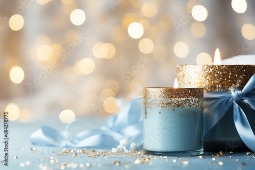 luxury pale blue candle glass with bokeh background