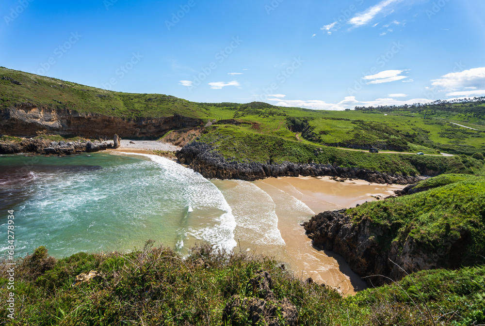 Playa de Fuentes is a small but beautiful beach with great views over the Cantabrian sea, Cantabria, Spain