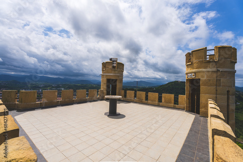 The views from the very top of Monte Igueldo's tower are spectacular with blue sky Cantabrian sea and mountains, San Sebastian, Basque country, Spai