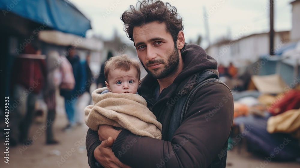 Young immigrant man holds baby in her arms. baby on the street. Refugee camp, place of temporary refuge generative ai