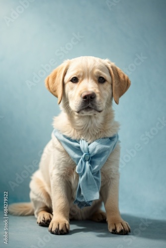 Portrait of a beautiful white labrador puppy on a blue background.