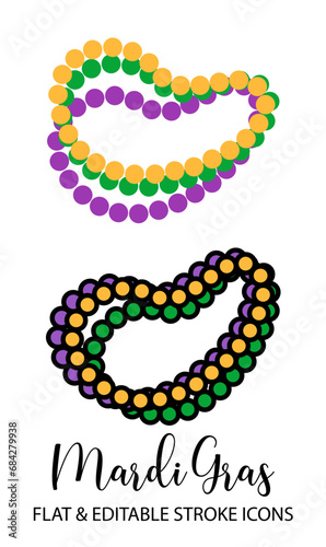 Mardi Gras beads. Line icon with editable stroke and flat icon