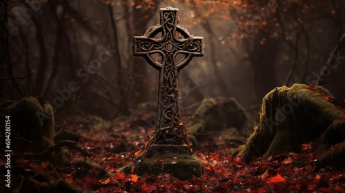 Celtic cross in forest in autumn