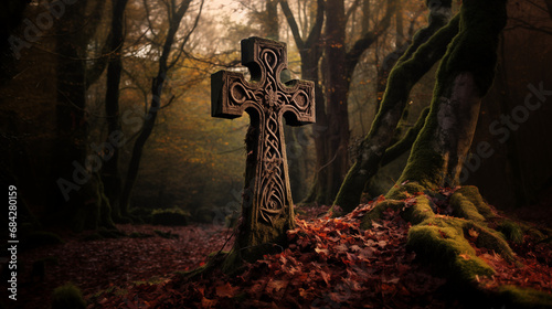 Celtic cross in forest in autumn