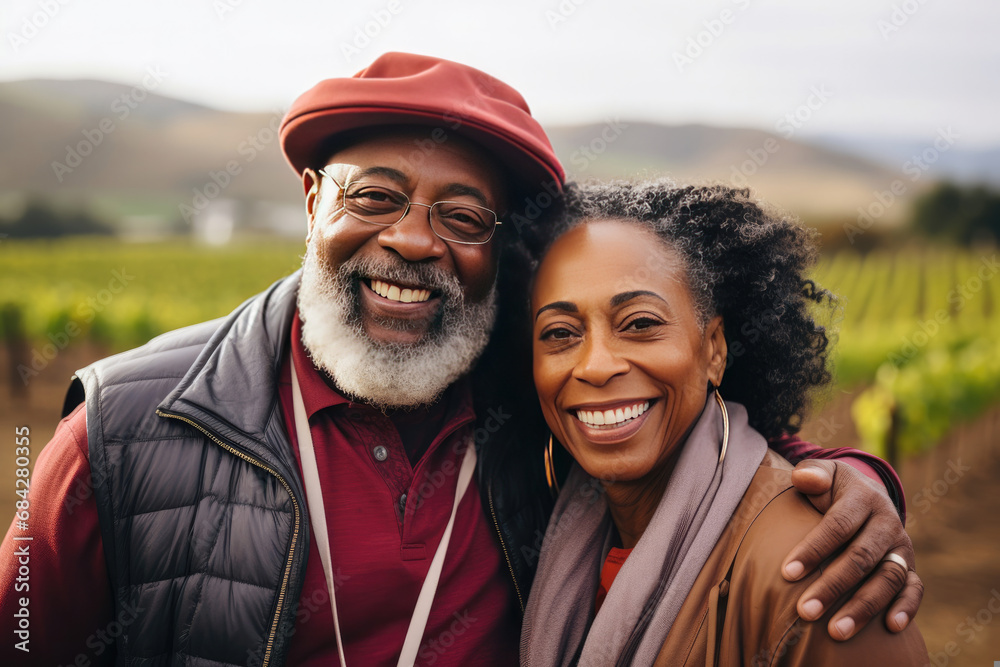 Smiling African American mature couple enjoying a day at a vineyard ...