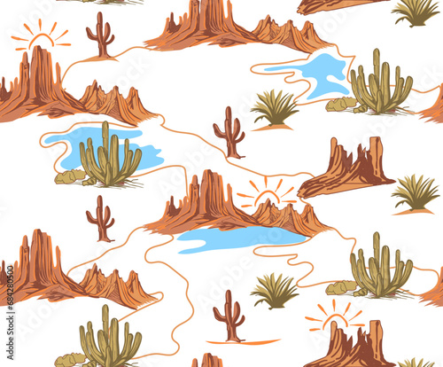 desert vector pattern, Seamless pattern vector summer cactus on desert mix with beautiful blooming succulents flower for fashion fabric and all prints on white background.