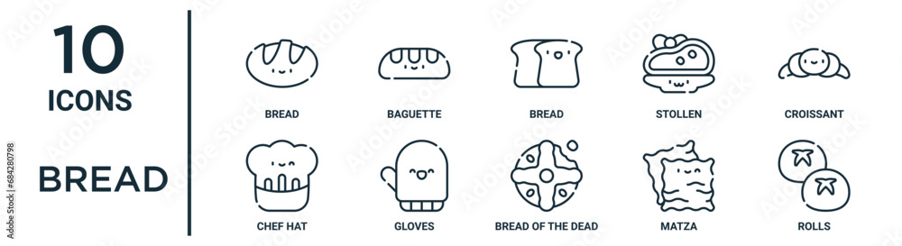 bread linear icon set. includes thin line baguette, bread, croissant ...