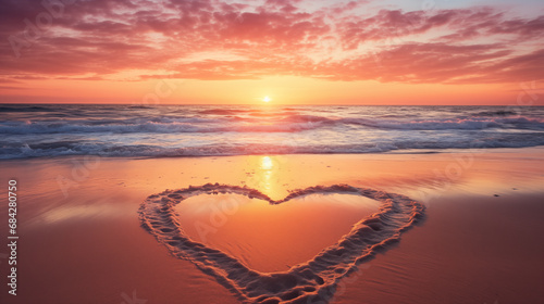 beach at sunset with a heart drawn in the sand and waves gently washing ashore on Valentine's Day © ALL YOU NEED studio