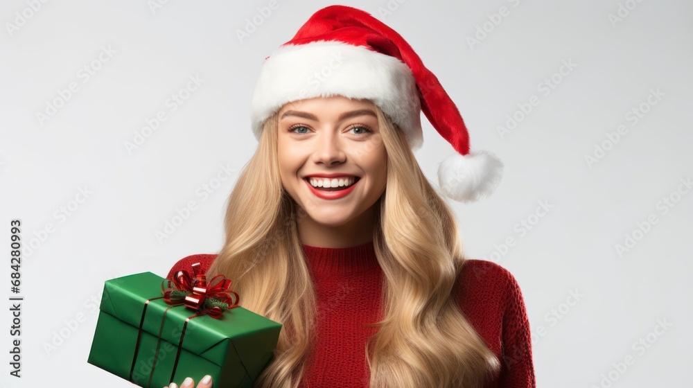 Joyful Woman in Christmas Attire on White Background. Joyful Woman in Christmas Attire on White Background.