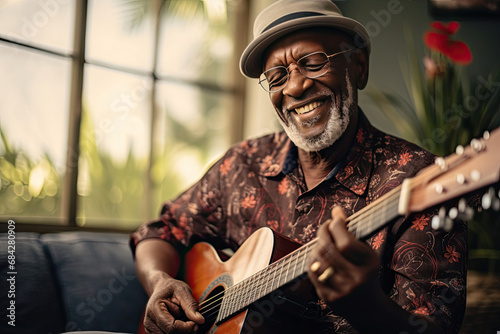 Elderly African American man enjoying music playing guitar in a cozy indoor setting senior lifestyle entertainment and leisure concept
