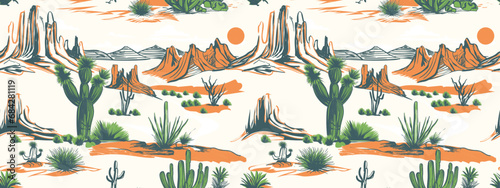 Summer desert pattern Ready for print, Completely hand drawn desert print, tropical pattern in desert vibes, Seamless pattern vector summer cactus on desert mix with beautiful blooming succulents 