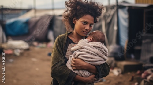 Young immigrant woman holds baby in her arms. baby on the street. Refugee camp, place of temporary refuge generative ai photo