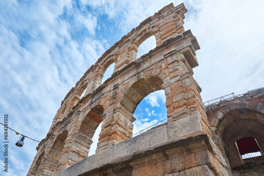 View of the Roman amphitheater in Verona at the Piazza Bra in the province of Veneto, Italy.