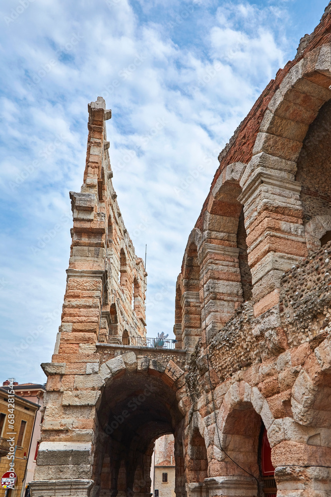 View of the Roman amphitheater in Verona at the Piazza Bra in the province of Veneto, Italy.
