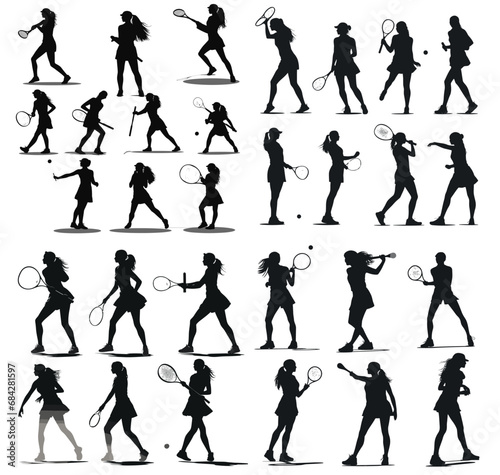 female tennis player silhouette set, 