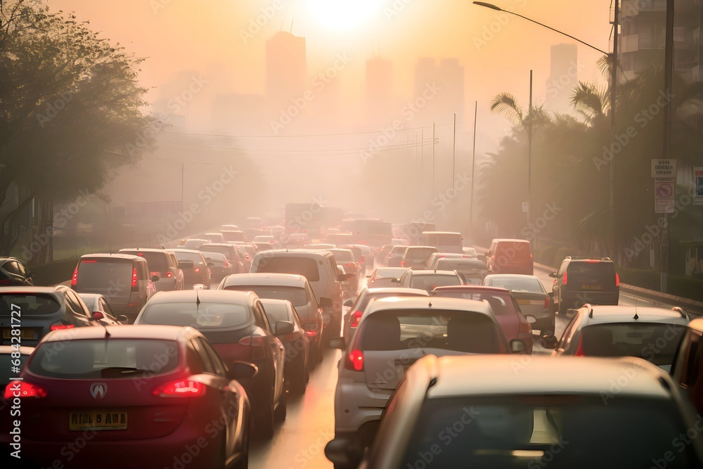 view of cars stuck in traffic jams on city roads covered in pollution