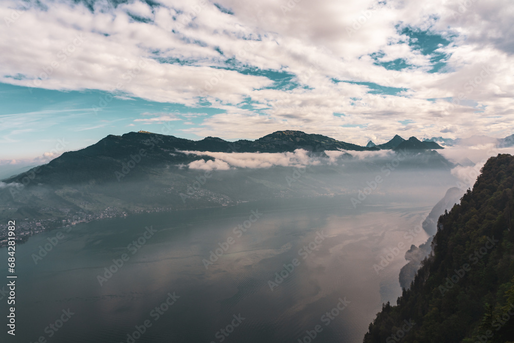 Panoramic view of the mountains at Lake Lucerne in Switzerland.