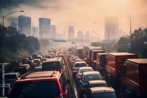 view of cars stuck in traffic jams on city roads covered in pollution