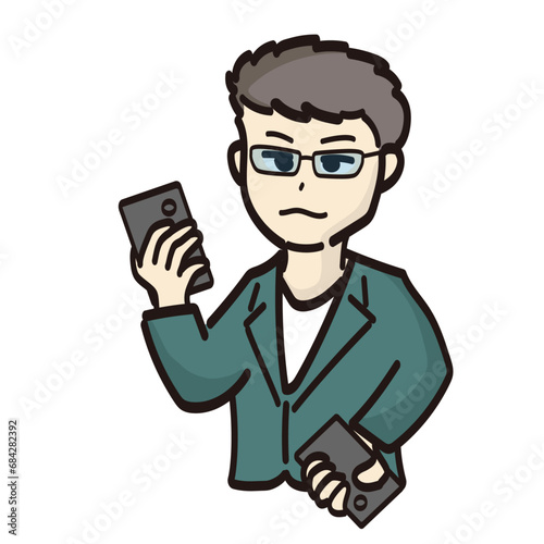 スマホ２台持ちでやり手の青年実業家イメージの男性のイラスト