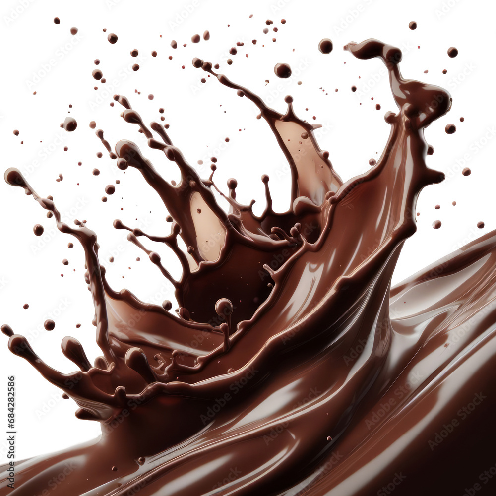 A dynamic splash of chocolate milk against a white background, forming a crown-like shape with droplets flying in all directions. A dynamic splash of chocolate milk against a white background, forming a crown-like shape with droplets flying in all directions.