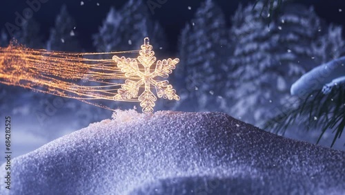 3D Animated Christmas Themed Sparkling Snowflake Whooshing Through Snow Covered Forest Touching Snow Revealing Top View.
