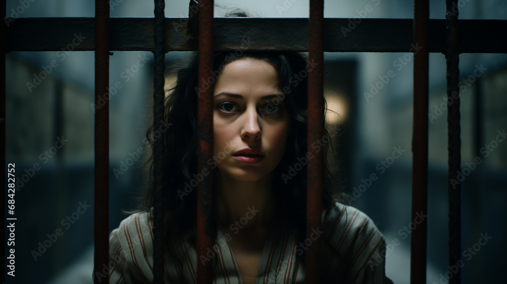 portrait of a young woman behind rusted bars in dark prison cell. Somber and bleak photo of female inmate in confinement. Drama of innocent people in darkness