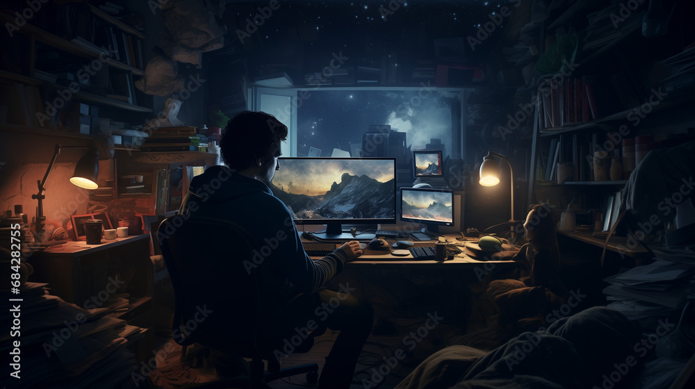 A young guy works at a cluttered desk in a home office with multiple screens and a mountain wallpaper. Teleworking at night from home with multitasking ability A young guy works at a cluttered desk in a home office with multiple screens and a mountain wallpaper. Teleworking at night from home with multitasking ability