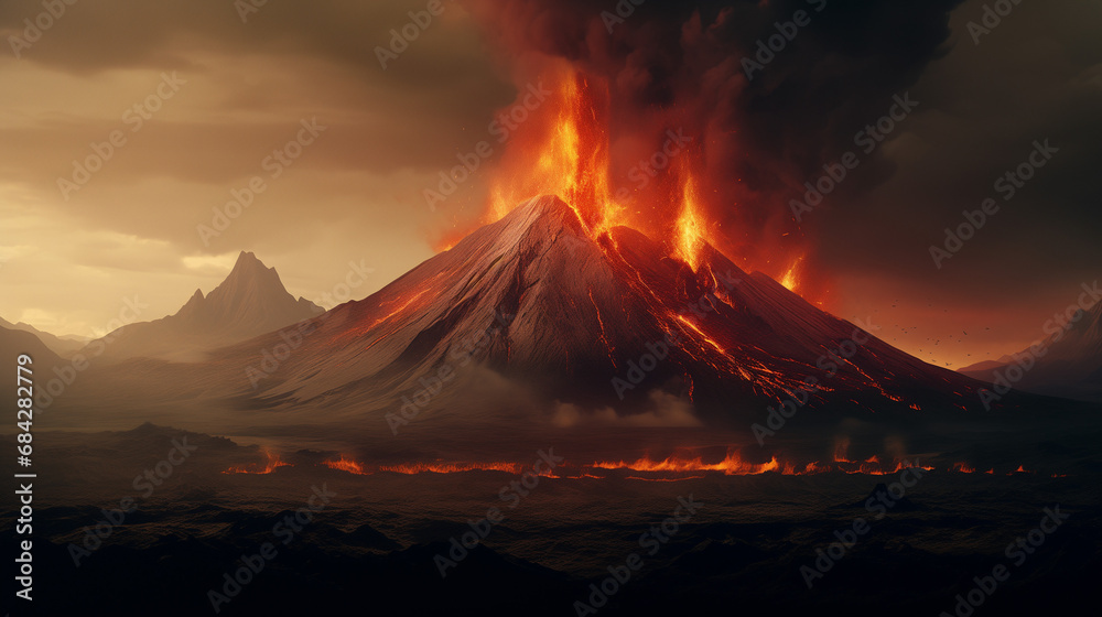 Fototapeta premium volcano erupting with fire and burning lava, spewing out dark black smoke. Epic volcanic landscape for a dinosaur extinction wallpaper