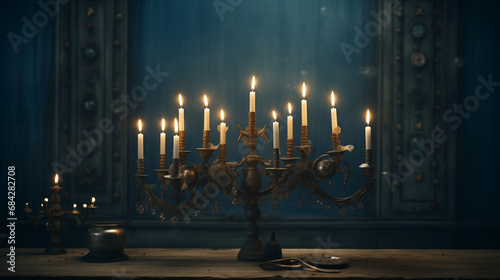 Brass candelabra with white candles on table in dark room with blue curtains and door. Elegant and spooky atmosphere with light and shadows photo