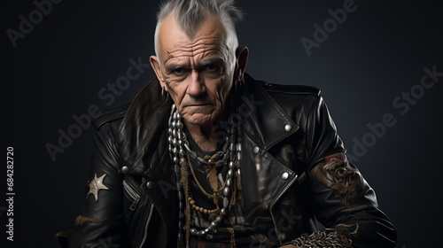 old rocker man with punk aesthetic, studded leather jacket, crest and metal chains on a black background. Rebellion and nonconformity in the elderly. © Domingo