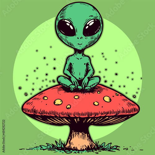 Cartoon character of a meditating alien sitting on top of a trippy psychedelic mushroom. Green humanoid on a fungus doing yoga