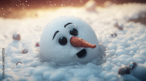 Round head of a snowman with a carrot nose, melting into a puddle of ice due to the warmth of the lights, climate change, and the arrival of spring photo