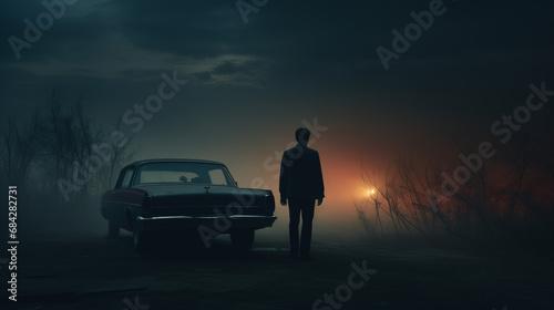 Foto True crime suspenseful scene with the silhouette of a man, either a criminal, de