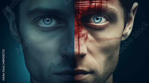 Dual faced psychopathic serial killer with blue eyes and split personality: one with a seemingly good attitude and the other evil with the aftermath of a victim's blood. Symbol for a true crime poster photo