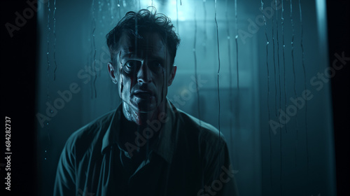 Obscured psychopath man with fear in front of rainy window in dark and moody setting. Horror poster and thriller style with high contrast and blue hues and tones.