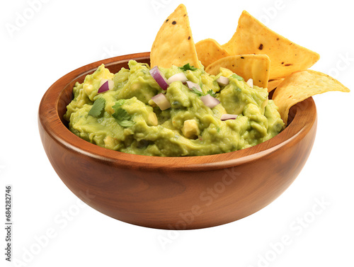 Creamy Guacamole Bowl with Crispy Nacho Tortilla Chips, isolated on a transparent or white background