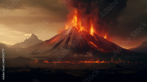 volcano erupting with fire and burning lava, spewing out dark black smoke. Epic volcanic landscape for a dinosaur extinction wallpaper photo